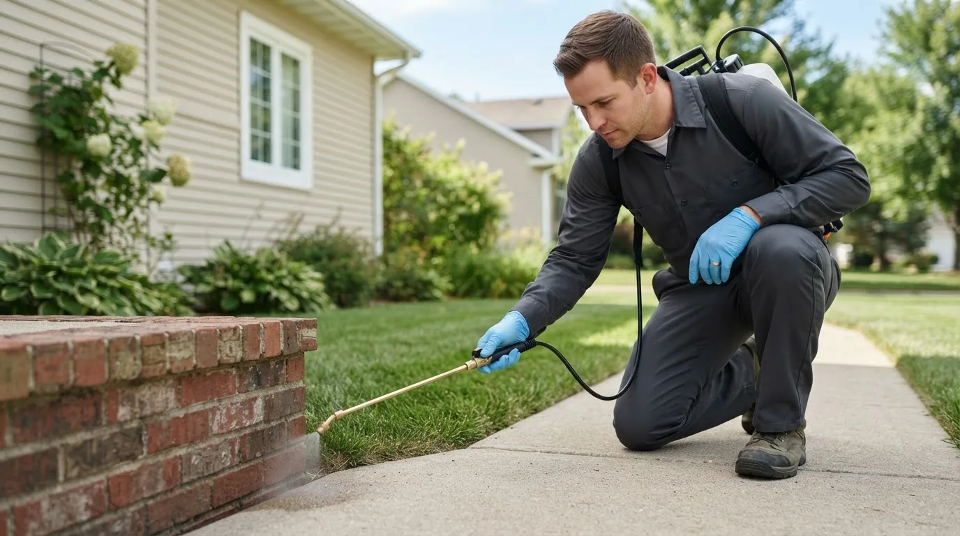 Pest control technician treating a home near Atchison, KS
